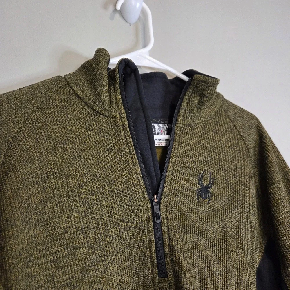 Spyder Ski Pullover 1/4 Zip Sweater Mens Large Green Black Knit Fleece Jacket L